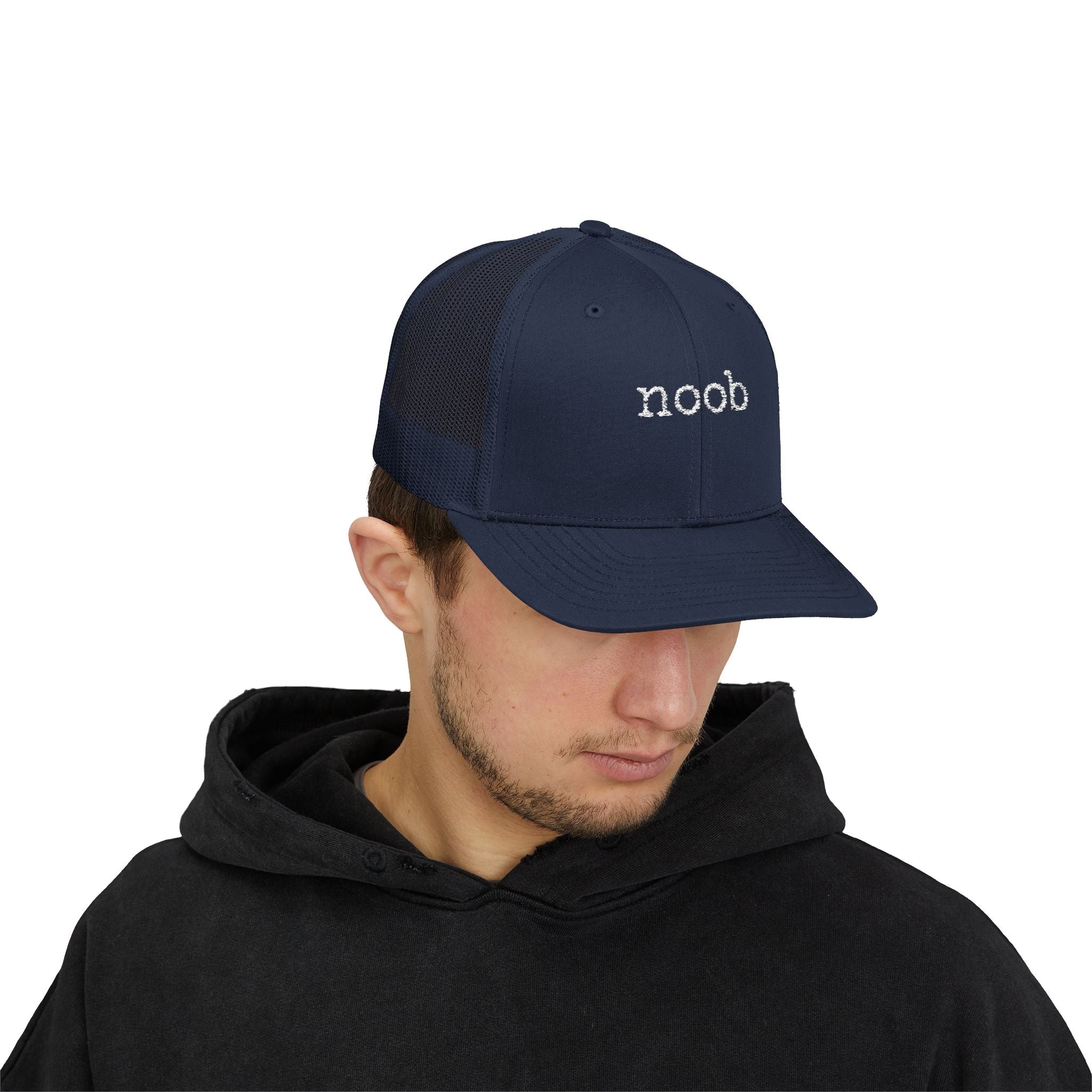 Noob Snapback Trucker Cap – Casual Mesh Baseball Hat with Minimal Embroidered Text