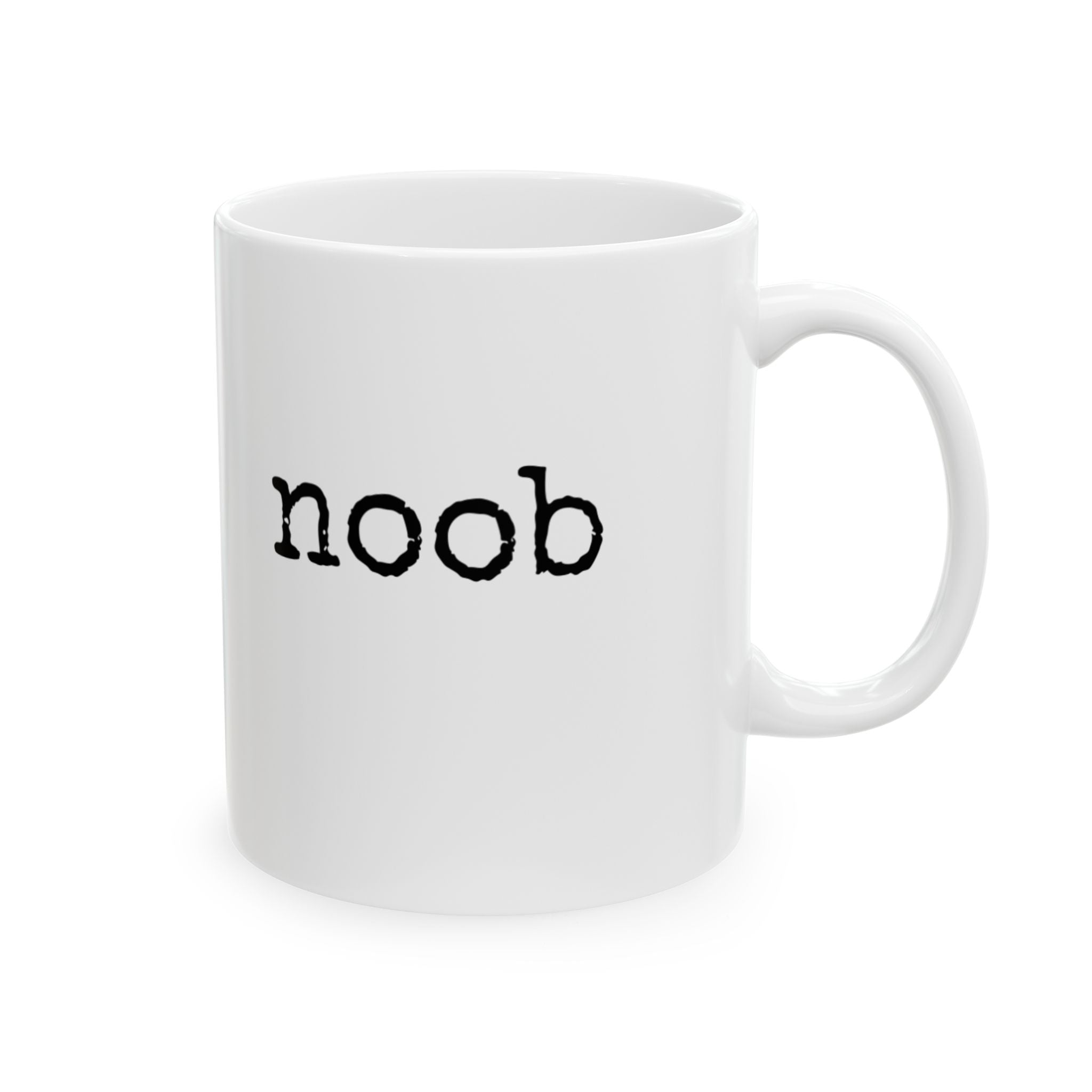 Funny Minimalist Ceramic Mug — "noob" Retro Typewriter Text (11oz & 15oz)