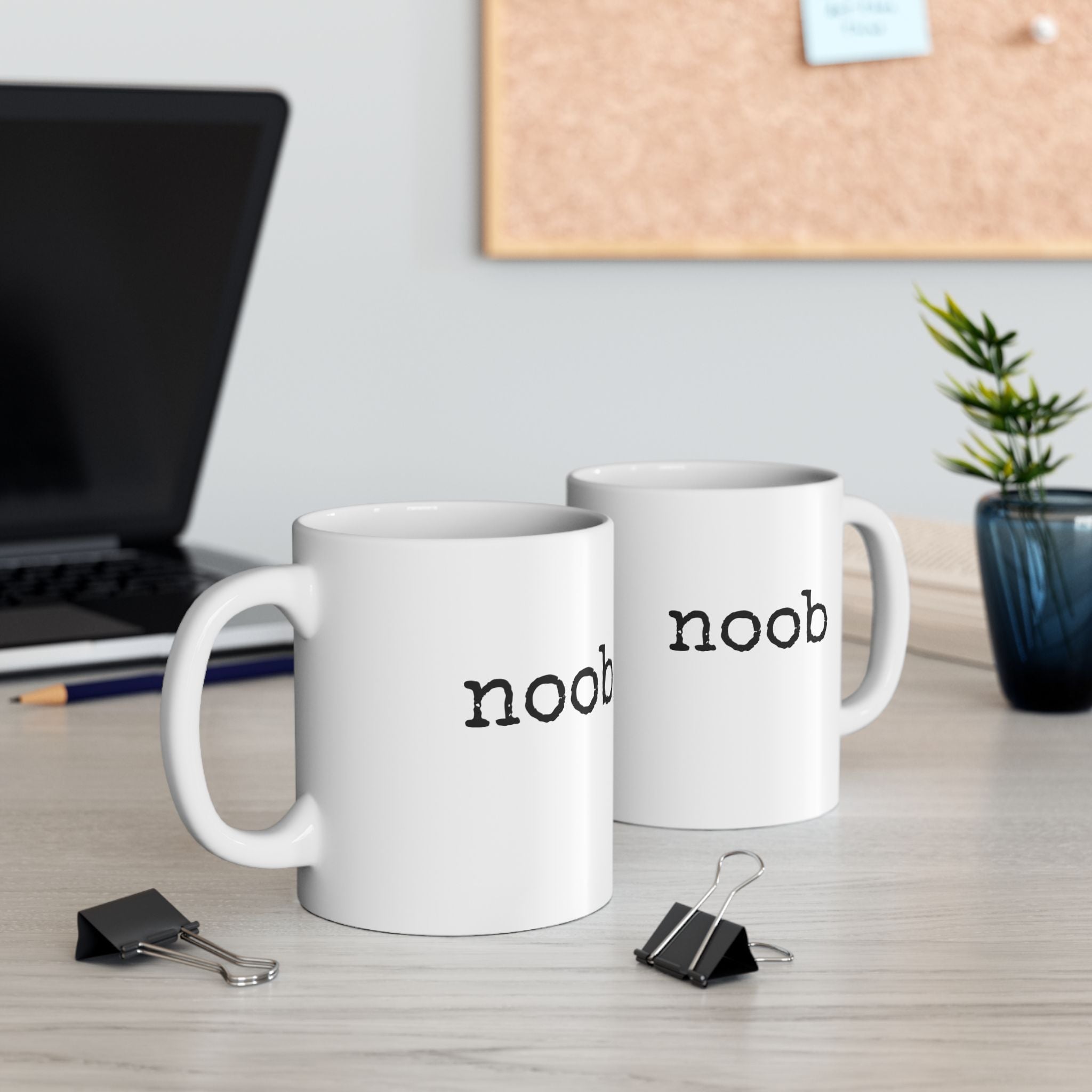 Funny Minimalist Ceramic Mug — "noob" Retro Typewriter Text (11oz & 15oz)