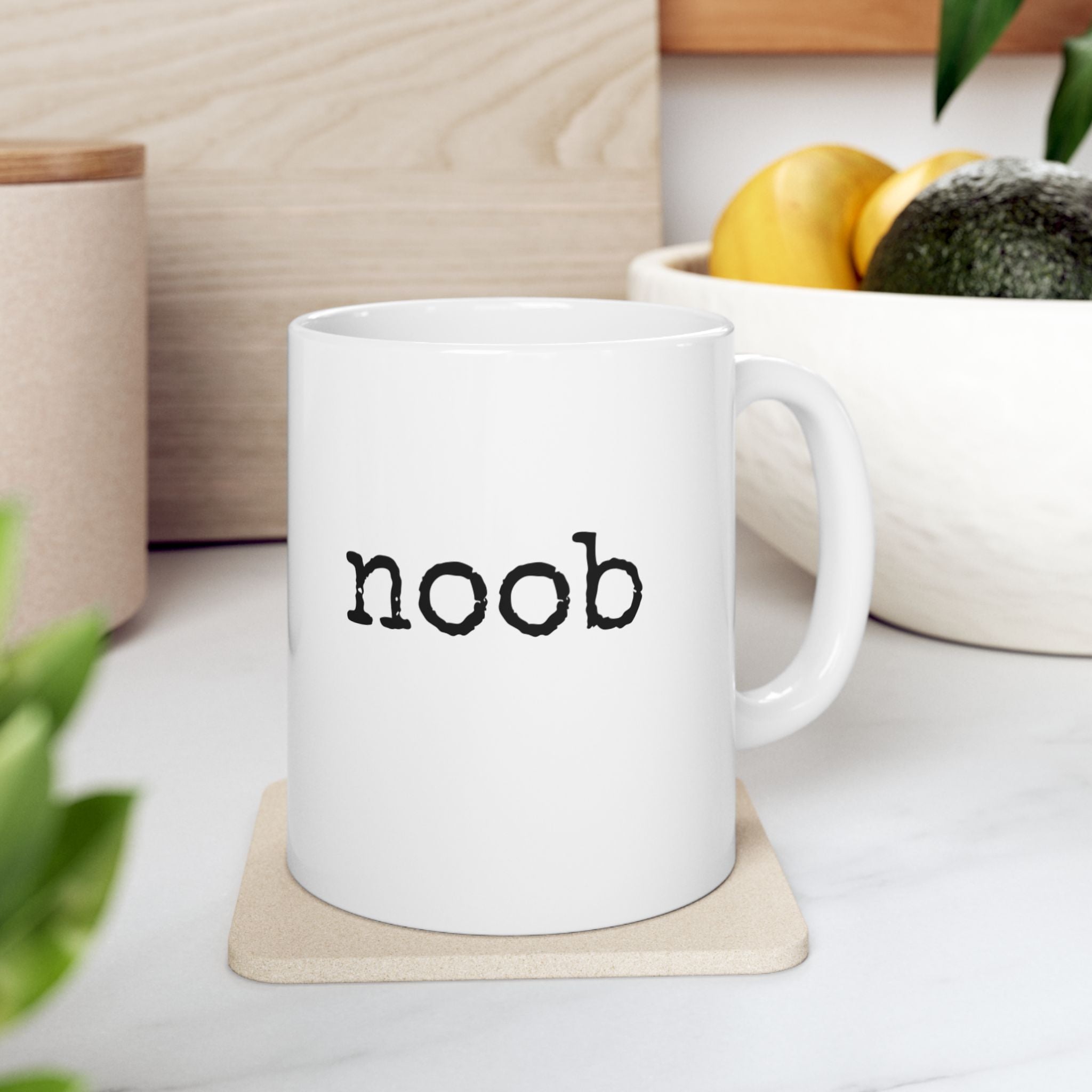 Funny Minimalist Ceramic Mug — "noob" Retro Typewriter Text (11oz & 15oz)