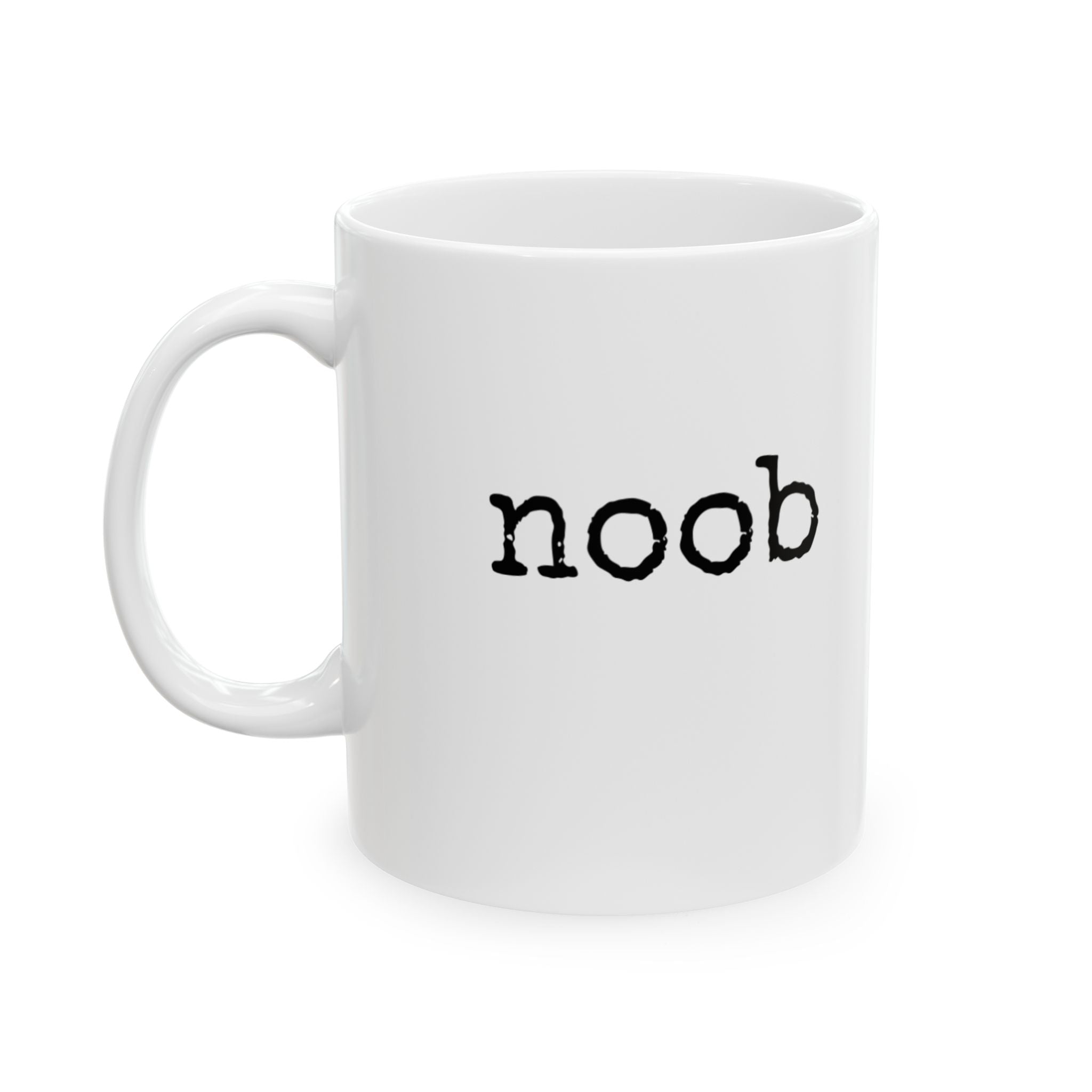 Funny Minimalist Ceramic Mug — "noob" Retro Typewriter Text (11oz & 15oz)