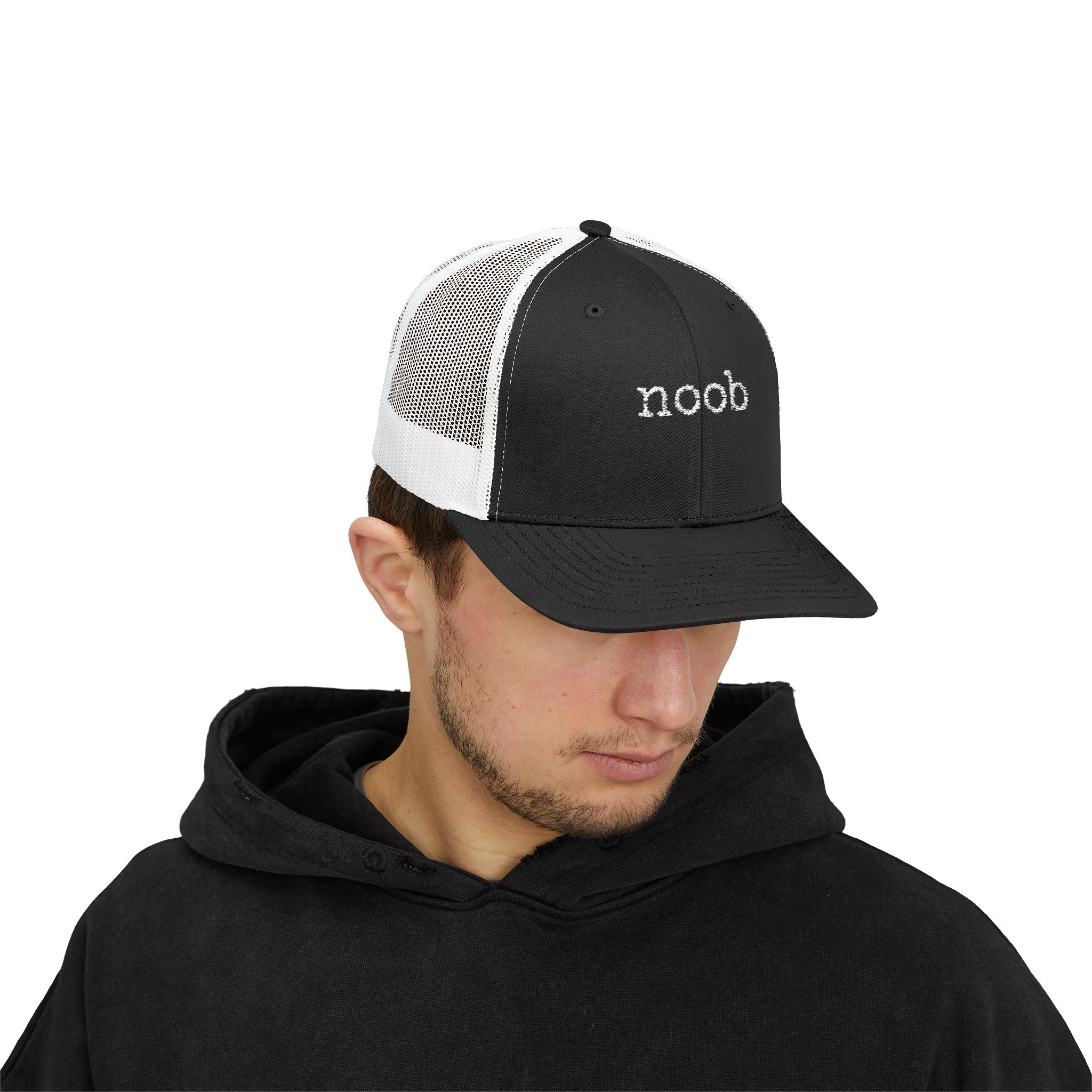 Noob Snapback Trucker Cap – Casual Mesh Baseball Hat with Minimal Embroidered Text